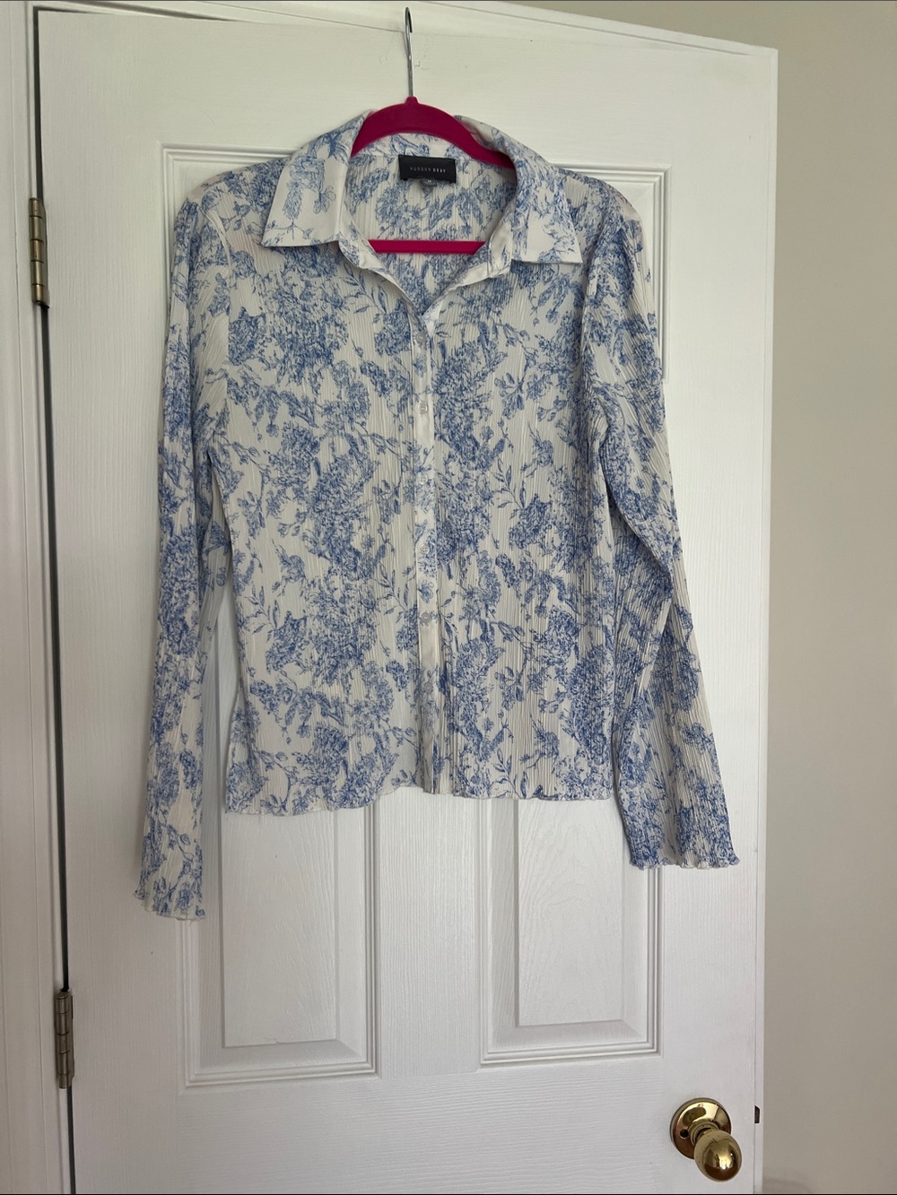 White and Blue Floral Button-Up Shirt - Worthington
